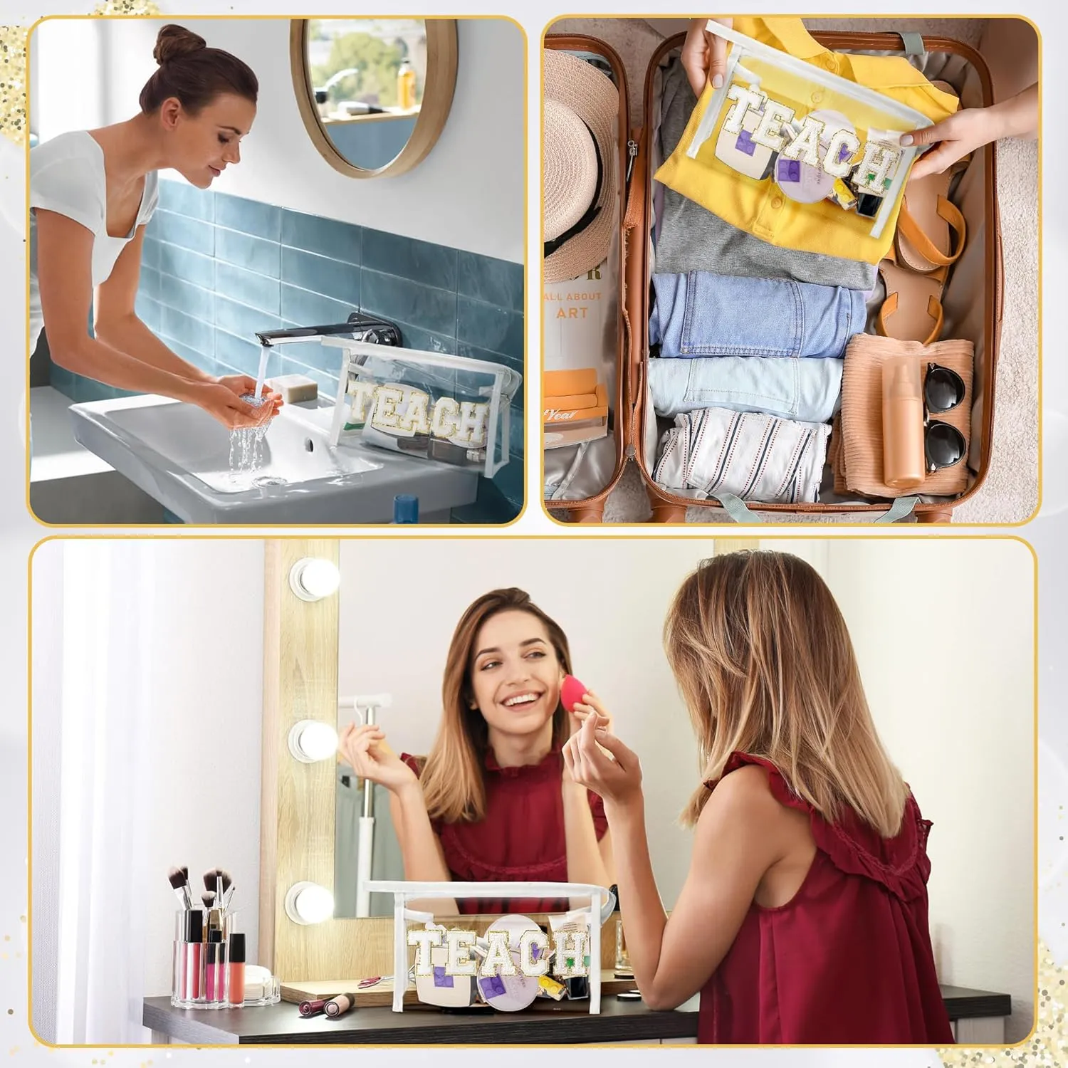 CY2SIDE TEACH Clear Makeup Bag - White TEACH Letter Patch Cosmetic Bag with Handle for Travel PVC Zipper Clear Toiletries Waterproof Portable Travel Organizer Teacher Appreciation Gifts, White