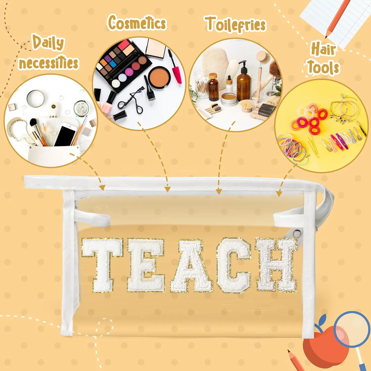 CY2SIDE TEACH Clear Makeup Bag - White TEACH Letter Patch Cosmetic Bag with Handle for Travel PVC Zipper Clear Toiletries Waterproof Portable Travel Organizer Teacher Appreciation Gifts, White