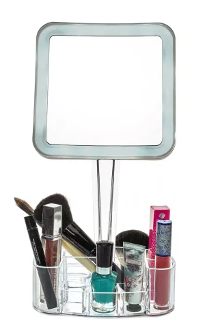 daisi Magnifying Lighted Makeup Mirror with Cosmetic Organizer Base | 7X Magnification, LED Lighted Free Standing Bathroom Mirror for Vanity, Desk or Tabletop | Square