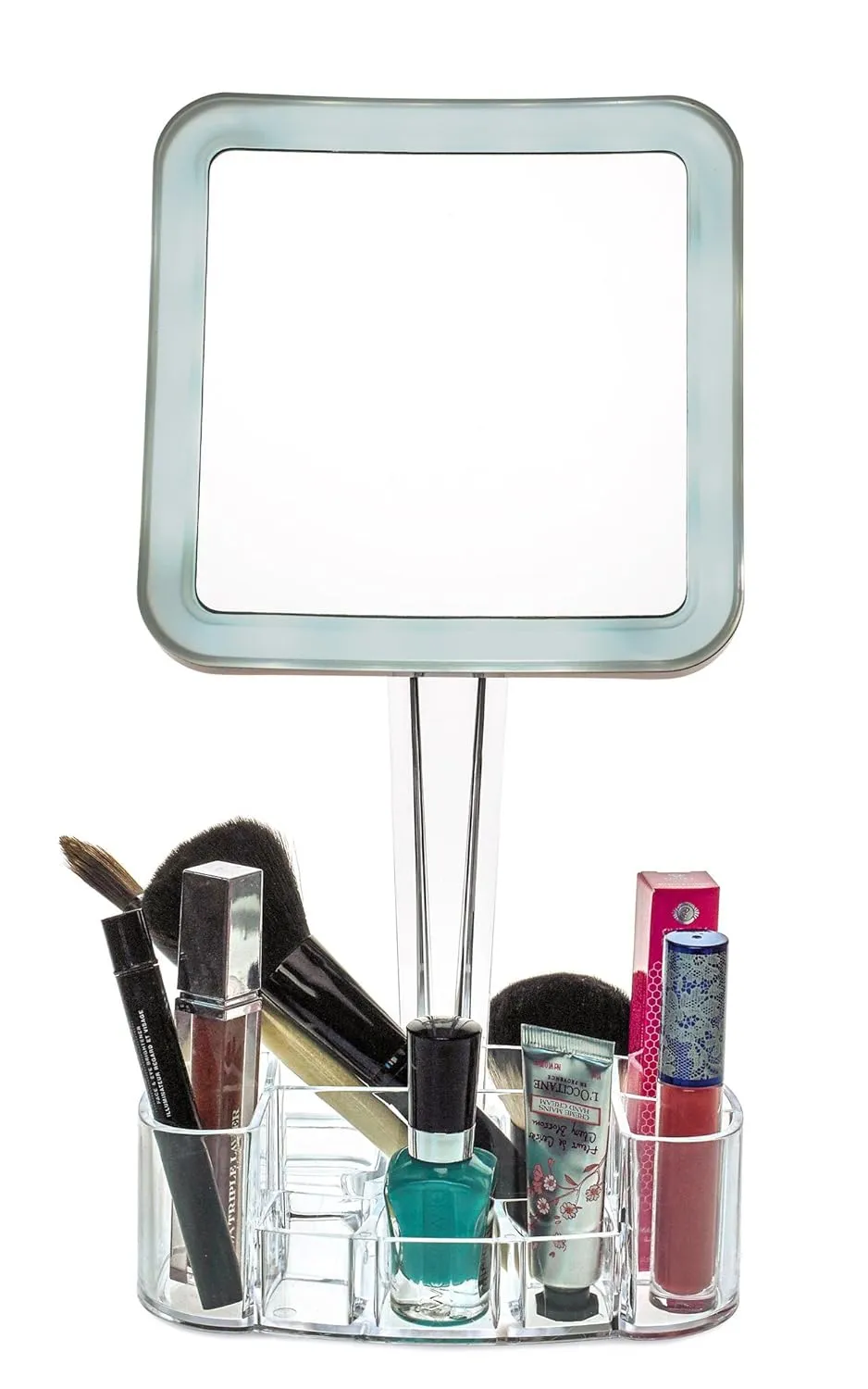 daisi Magnifying Lighted Makeup Mirror with Cosmetic Organizer Base | 7X Magnification, LED Lighted Free Standing Bathroom Mirror for Vanity, Desk or Tabletop | Square