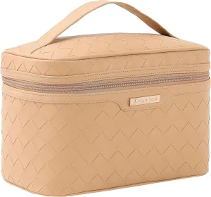 Dajasan Makeup Bag Cosmetic Bag, Travel Makeup Bag, Large Capacity Makeup Organizer Bag, Portable Travel Toiletry Bag for Women Girls, PU Leather Waterproof 11.81 x 6.7 x 7.09 Inch (Khaki)
