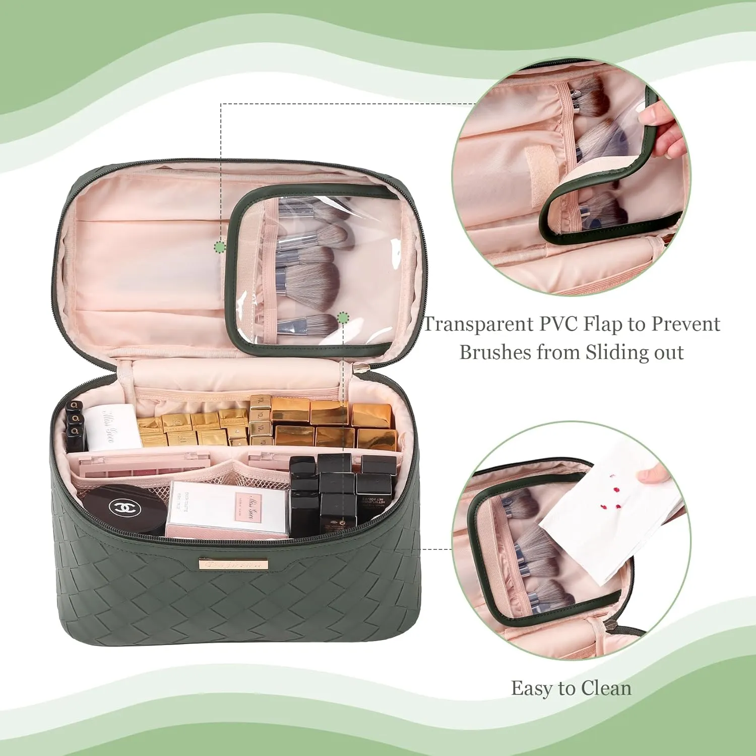 Dajasan Makeup Bag Cosmetic Bag, Travel Makeup Bag, Large Capacity Makeup Organizer Case, Large Toiletry Bag for Women Girls, PU Leather Waterproof 11.81 x 6.7 x 7.09 Inch (Green)
