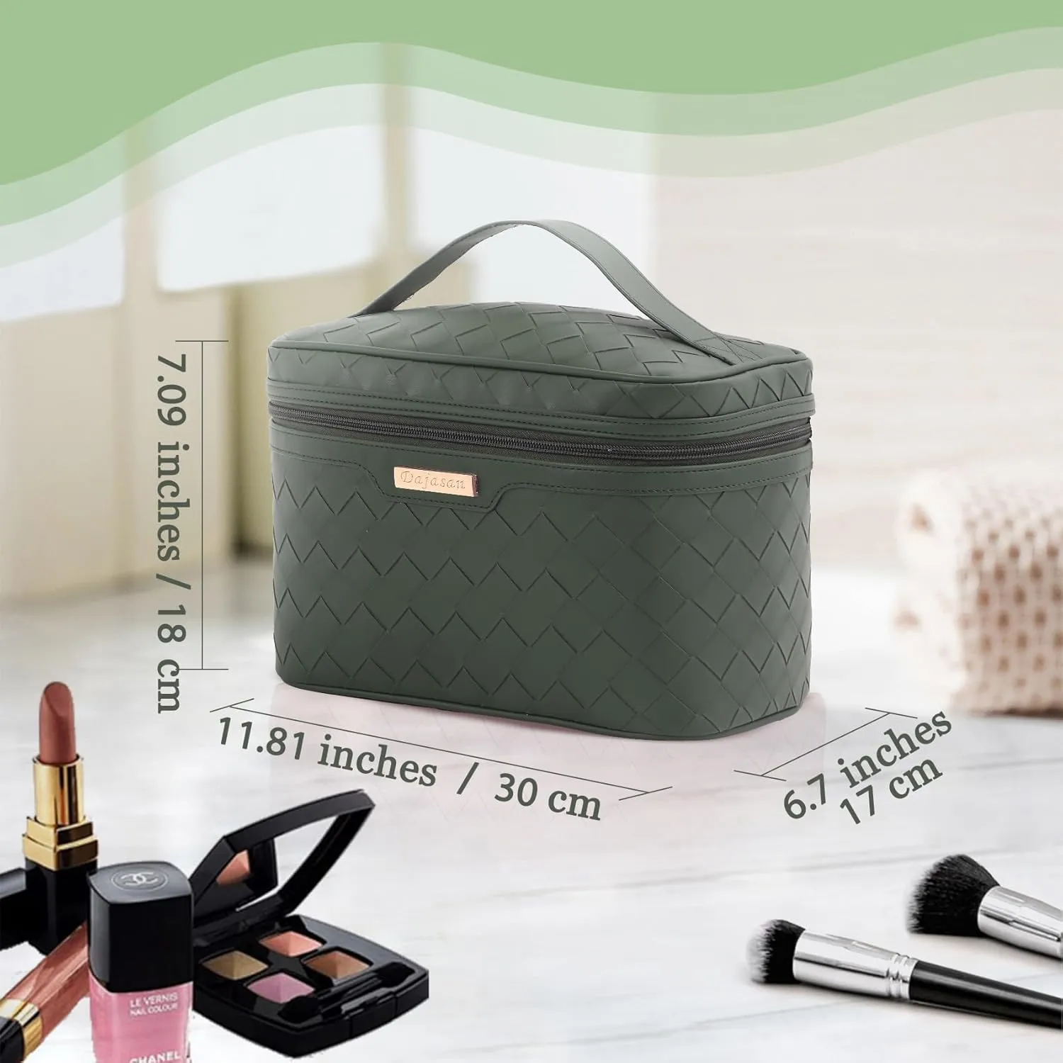 Dajasan Makeup Bag Cosmetic Bag, Travel Makeup Bag, Large Capacity Makeup Organizer Case, Large Toiletry Bag for Women Girls, PU Leather Waterproof 11.81 x 6.7 x 7.09 Inch (Green)