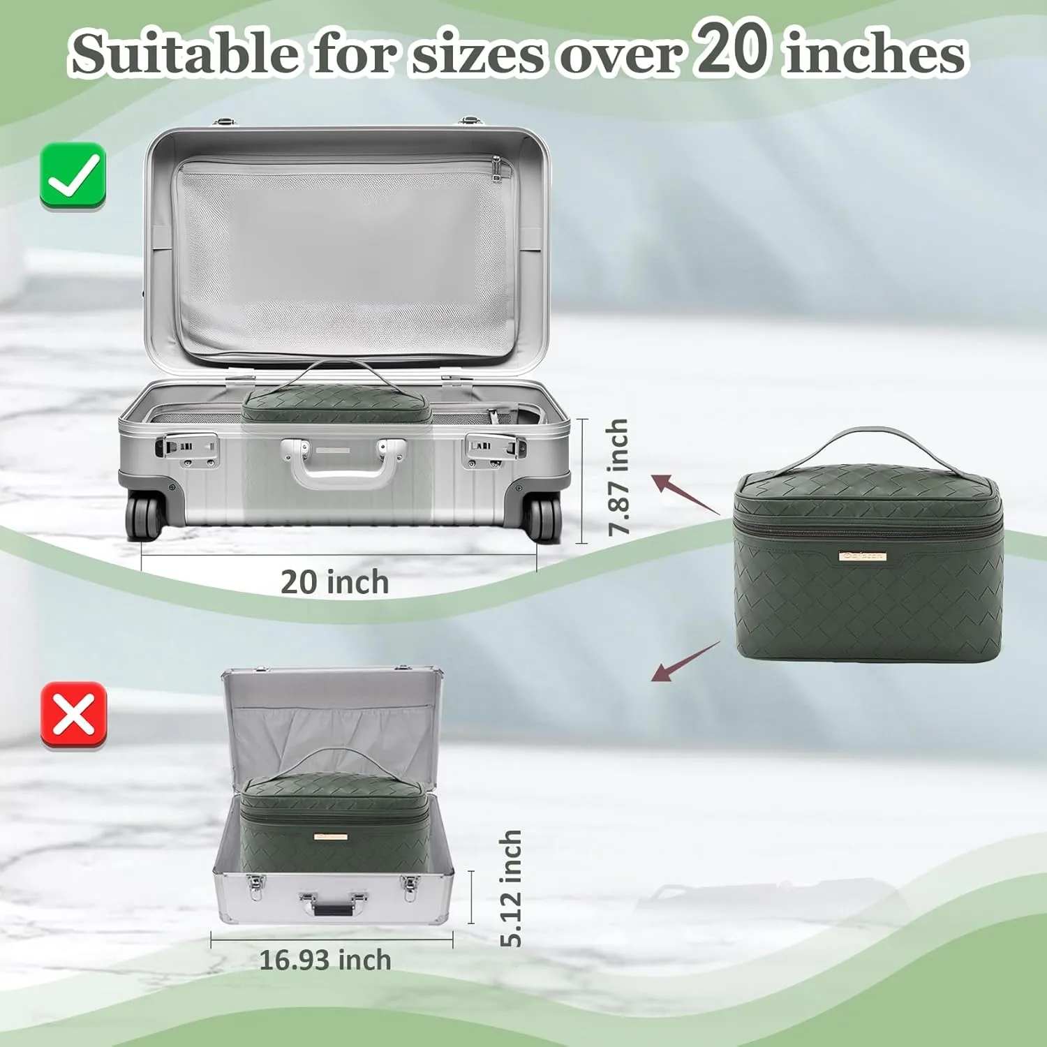 Dajasan Makeup Bag Cosmetic Bag, Travel Makeup Bag, Large Capacity Makeup Organizer Case, Large Toiletry Bag for Women Girls, PU Leather Waterproof 11.81 x 6.7 x 7.09 Inch (Green)