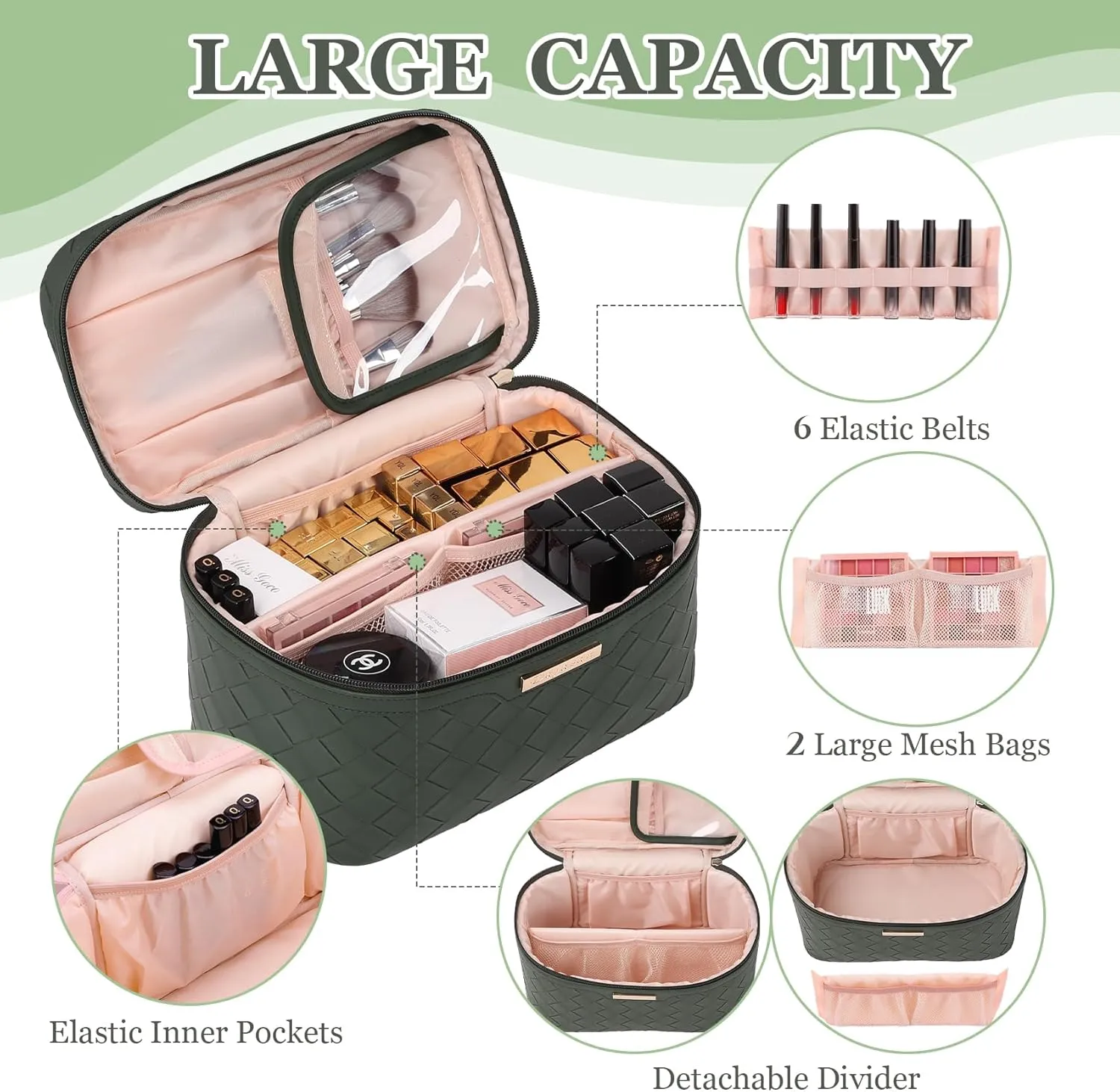 Dajasan Makeup Bag Cosmetic Bag, Travel Makeup Bag, Large Capacity Makeup Organizer Case, Large Toiletry Bag for Women Girls, PU Leather Waterproof 11.81 x 6.7 x 7.09 Inch (Green)