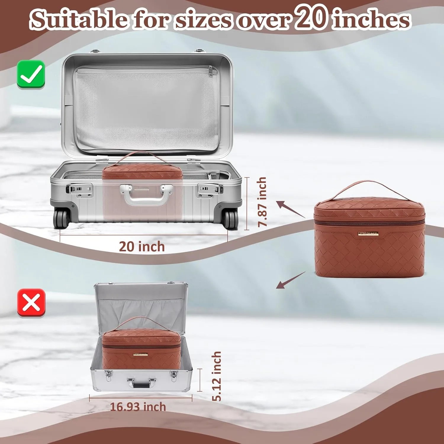 Dajasan Makeup Bag, Travel Cosmetic Bag, Makeup Organizer Bag, Makeup Organizer Case with Divider and Handle, Large Toiletry Bag for Women 11.81 x 6.7 x 7.09 Inch (Brown)