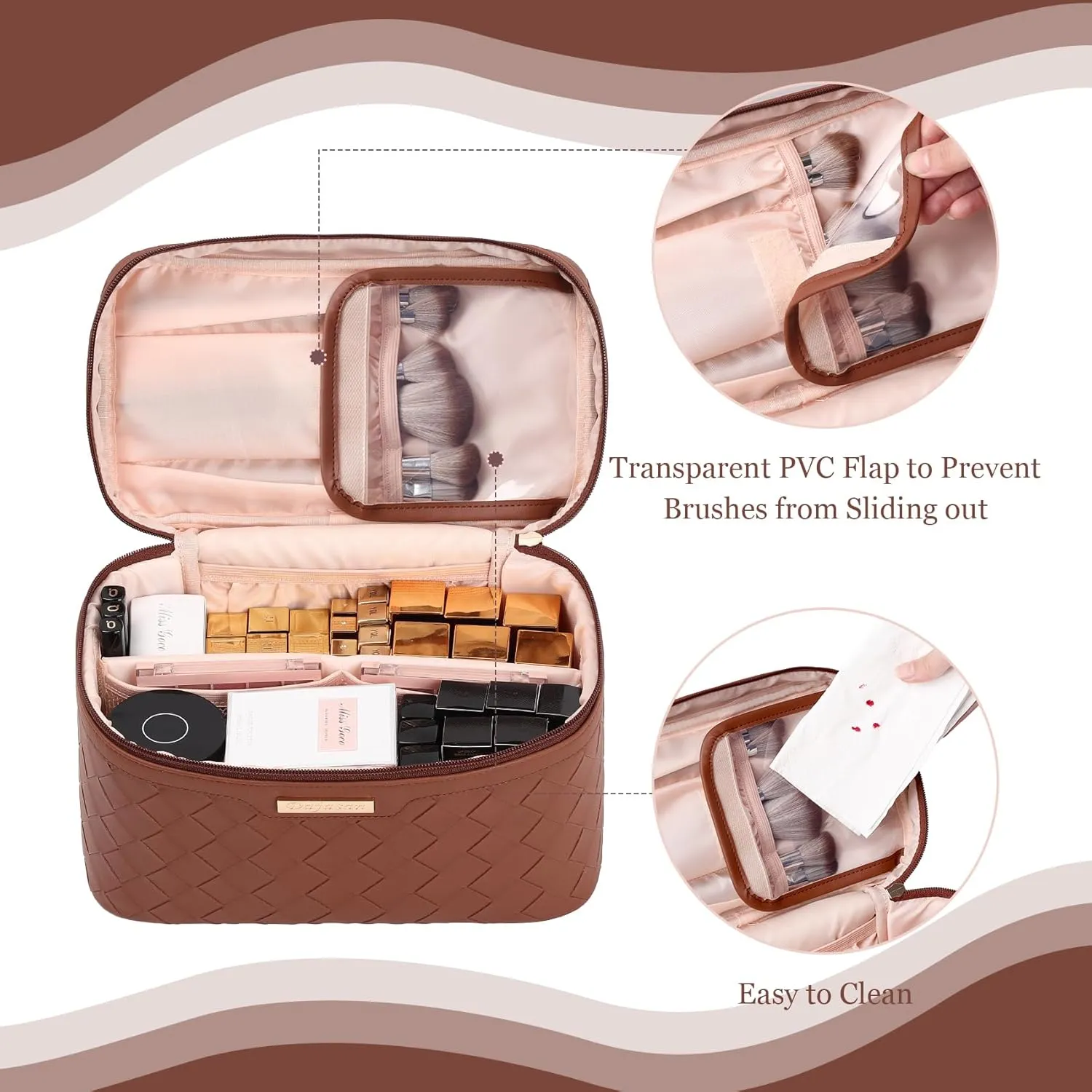 Dajasan Makeup Bag, Travel Cosmetic Bag, Makeup Organizer Bag, Makeup Organizer Case with Divider and Handle, Large Toiletry Bag for Women 11.81 x 6.7 x 7.09 Inch (Brown)