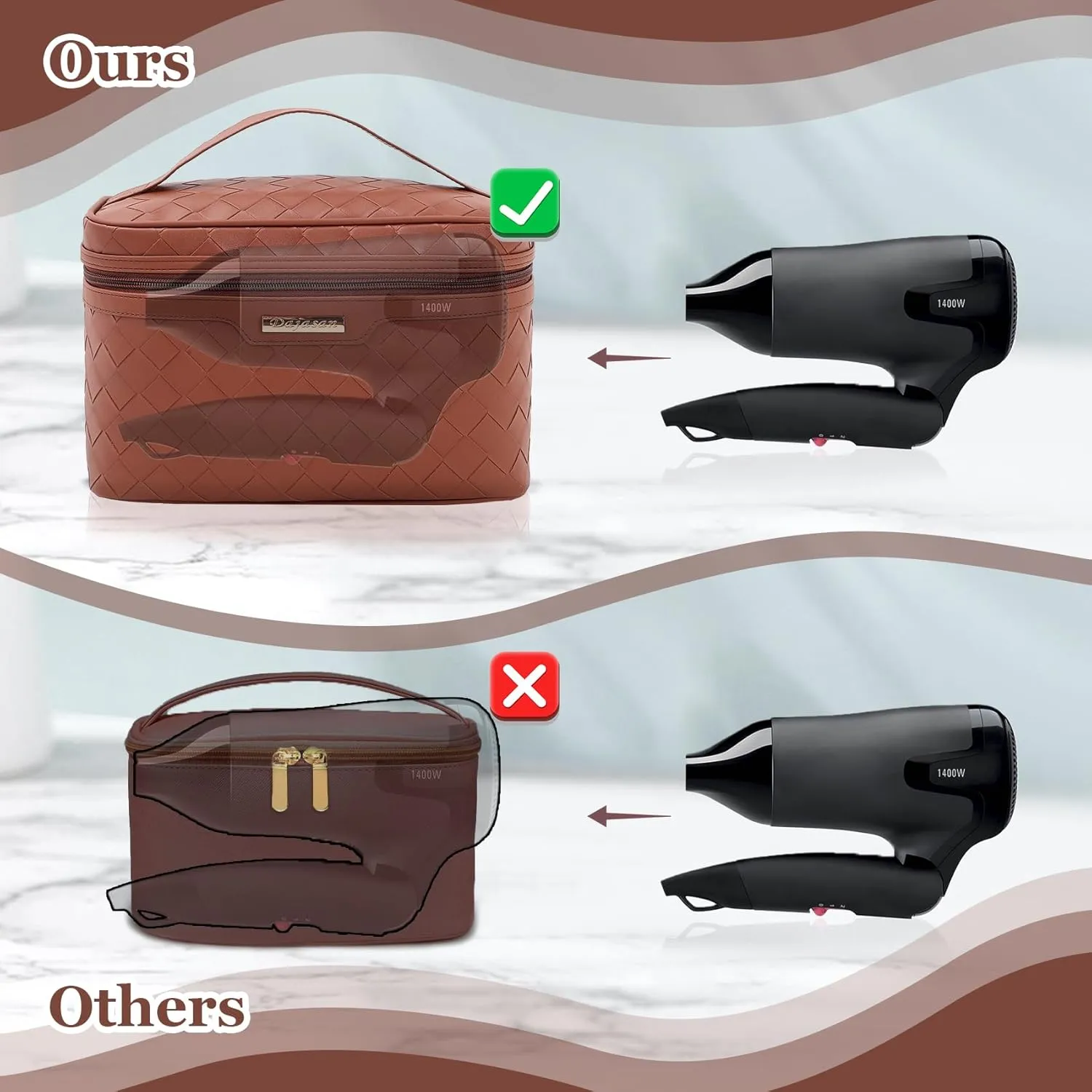 Dajasan Makeup Bag, Travel Cosmetic Bag, Makeup Organizer Bag, Makeup Organizer Case with Divider and Handle, Large Toiletry Bag for Women 11.81 x 6.7 x 7.09 Inch (Brown)