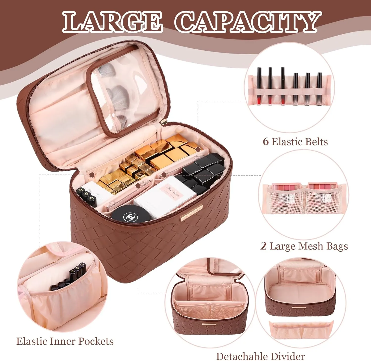 Dajasan Makeup Bag, Travel Cosmetic Bag, Makeup Organizer Bag, Makeup Organizer Case with Divider and Handle, Large Toiletry Bag for Women 11.81 x 6.7 x 7.09 Inch (Brown)
