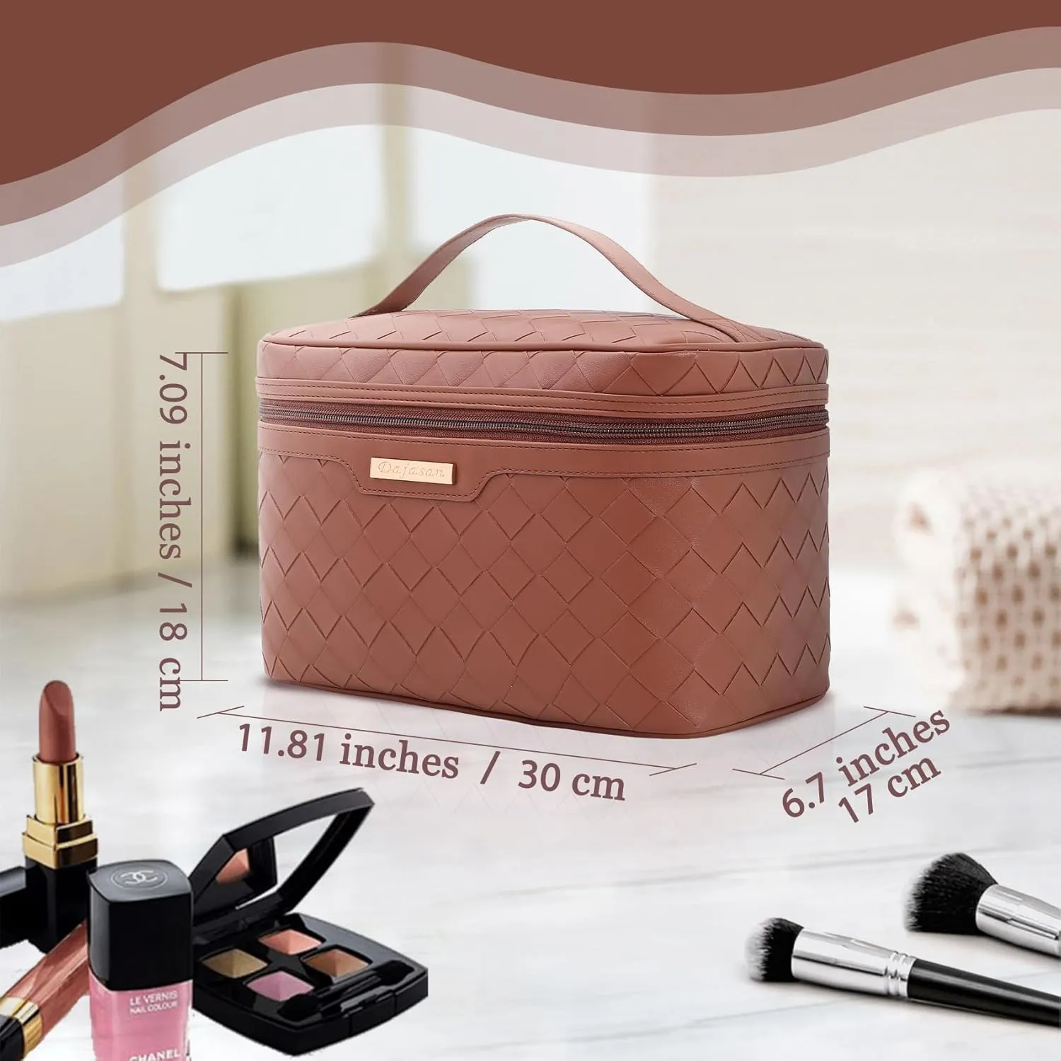 Dajasan Makeup Bag, Travel Cosmetic Bag, Makeup Organizer Bag, Makeup Organizer Case with Divider and Handle, Large Toiletry Bag for Women 11.81 x 6.7 x 7.09 Inch (Brown)