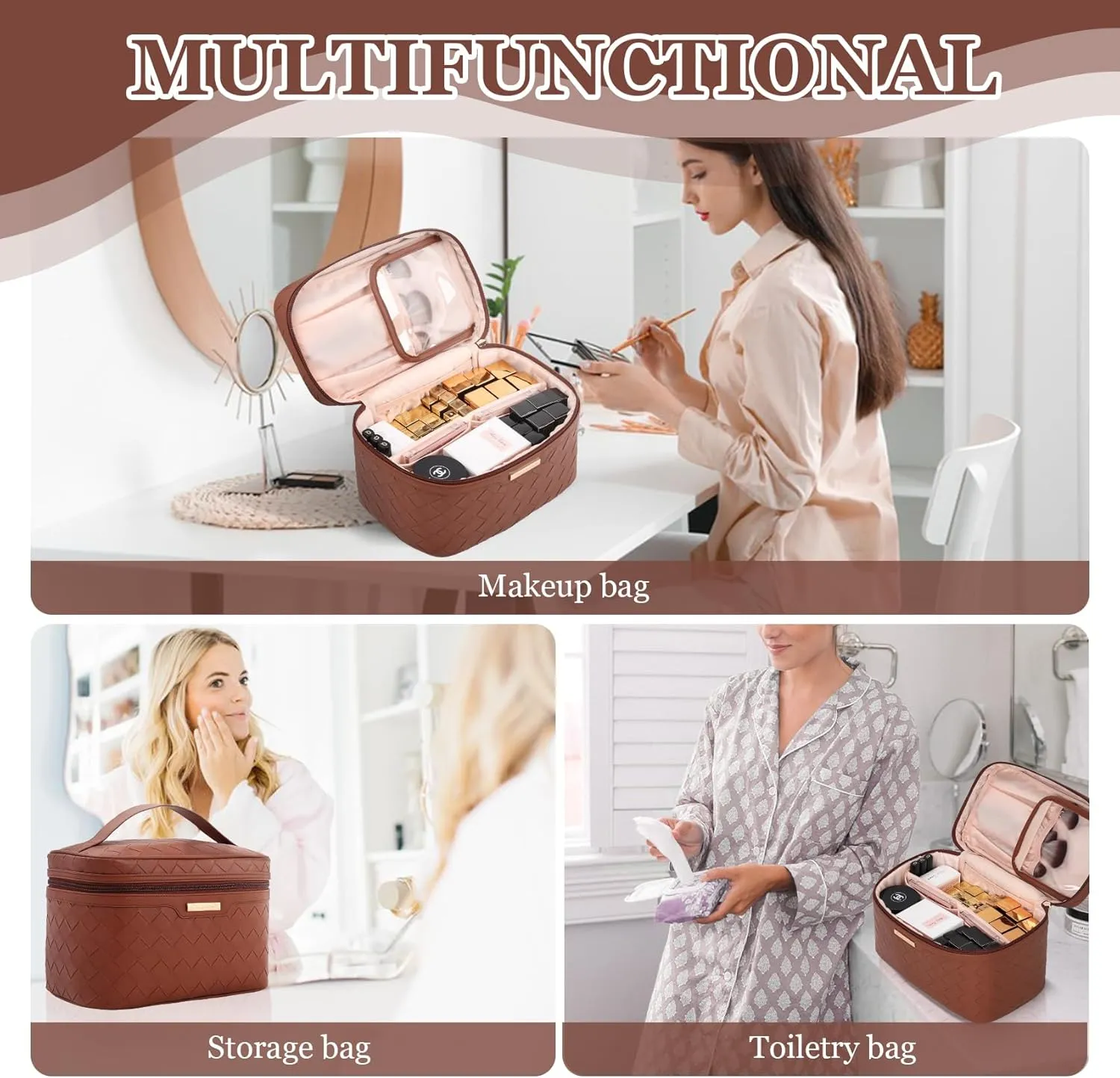 Dajasan Makeup Bag, Travel Cosmetic Bag, Makeup Organizer Bag, Makeup Organizer Case with Divider and Handle, Large Toiletry Bag for Women 11.81 x 6.7 x 7.09 Inch (Brown)