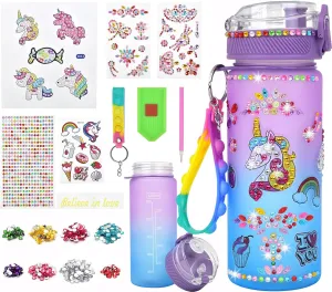 Decorate Your Own Water Unicorn Bottle Kit for Girls Ages 4-10, Unicorn Design Diamond Painting Crafts, Arts and Crafts for Kids, Birthday Gifts for Girls - 600 ml