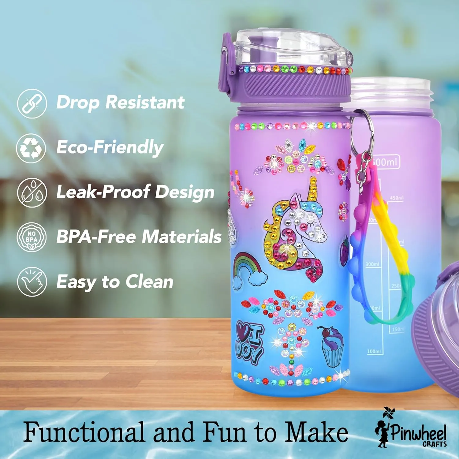 Decorate Your Own Water Unicorn Bottle Kit for Girls Ages 4-10, Unicorn Design Diamond Painting Crafts, Arts and Crafts for Kids, Birthday Gifts for Girls - 600 ml