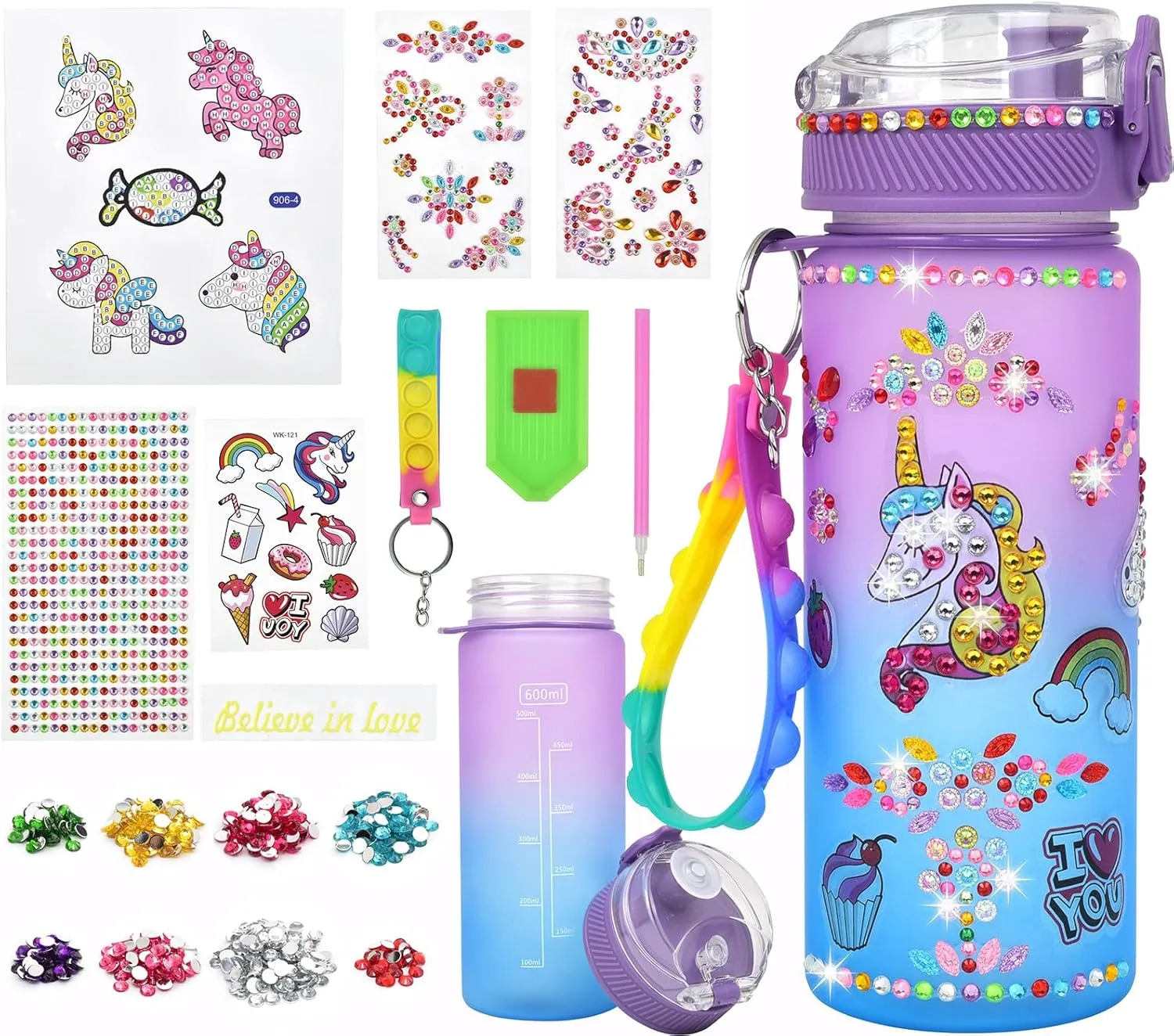Decorate Your Own Water Unicorn Bottle Kit for Girls Ages 4-10, Unicorn Design Diamond Painting Crafts, Arts and Crafts for Kids, Birthday Gifts for Girls - 600 ml
