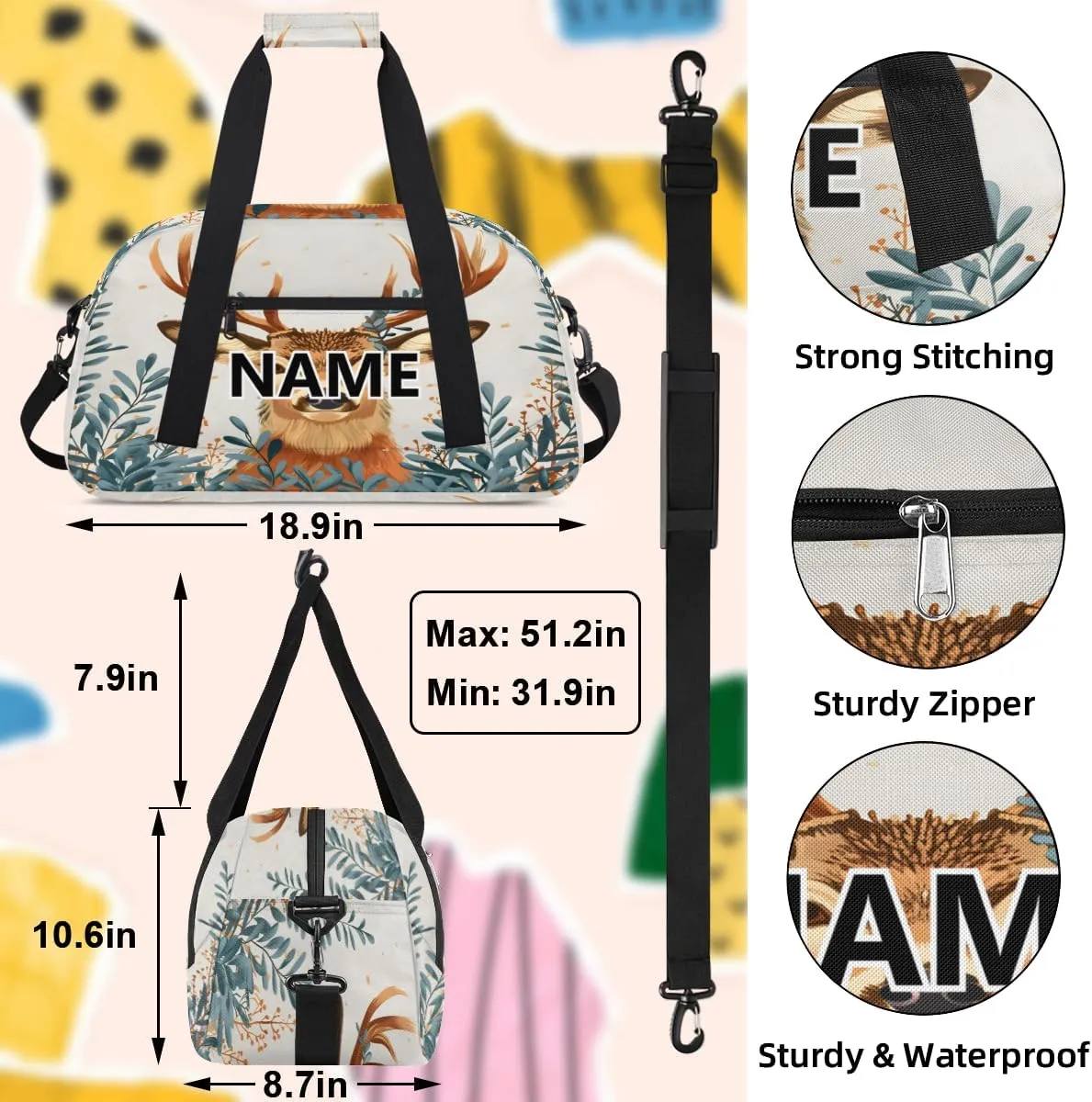 Deer Elk Custom Small Gym Bag 18 inch for Women Men Personalized Forest Animals Carry On Overnight Weekender Bag for Travel Work Dance Sport
