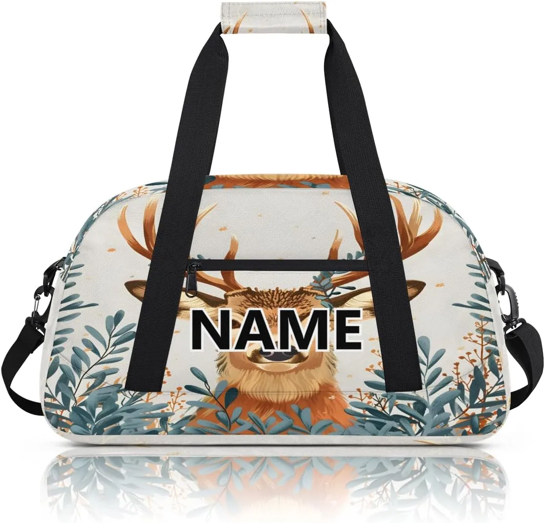 Deer Elk Custom Small Gym Bag 18 inch for Women Men Personalized Forest Animals Carry On Overnight Weekender Bag for Travel Work Dance Sport