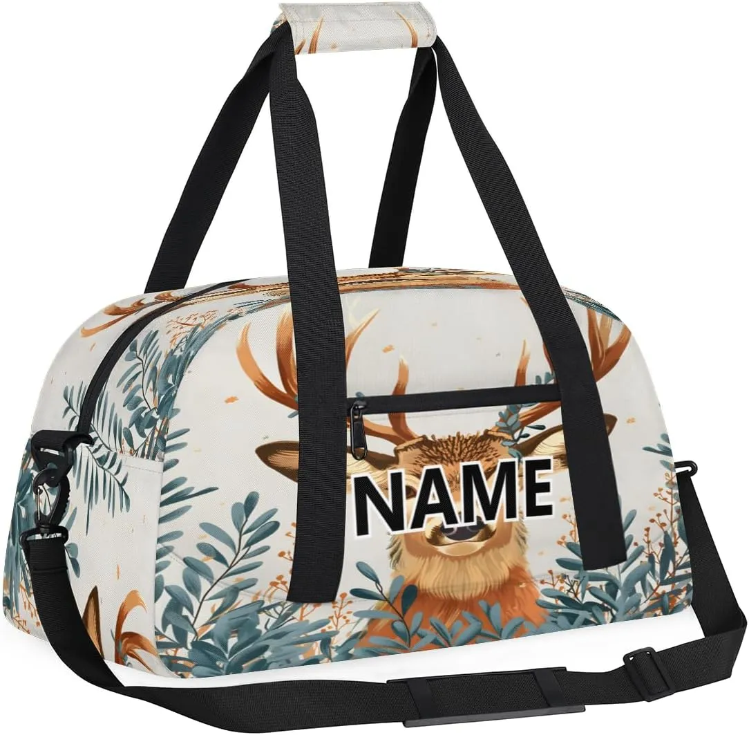 Deer Elk Custom Small Gym Bag 18 inch for Women Men Personalized Forest Animals Carry On Overnight Weekender Bag for Travel Work Dance Sport