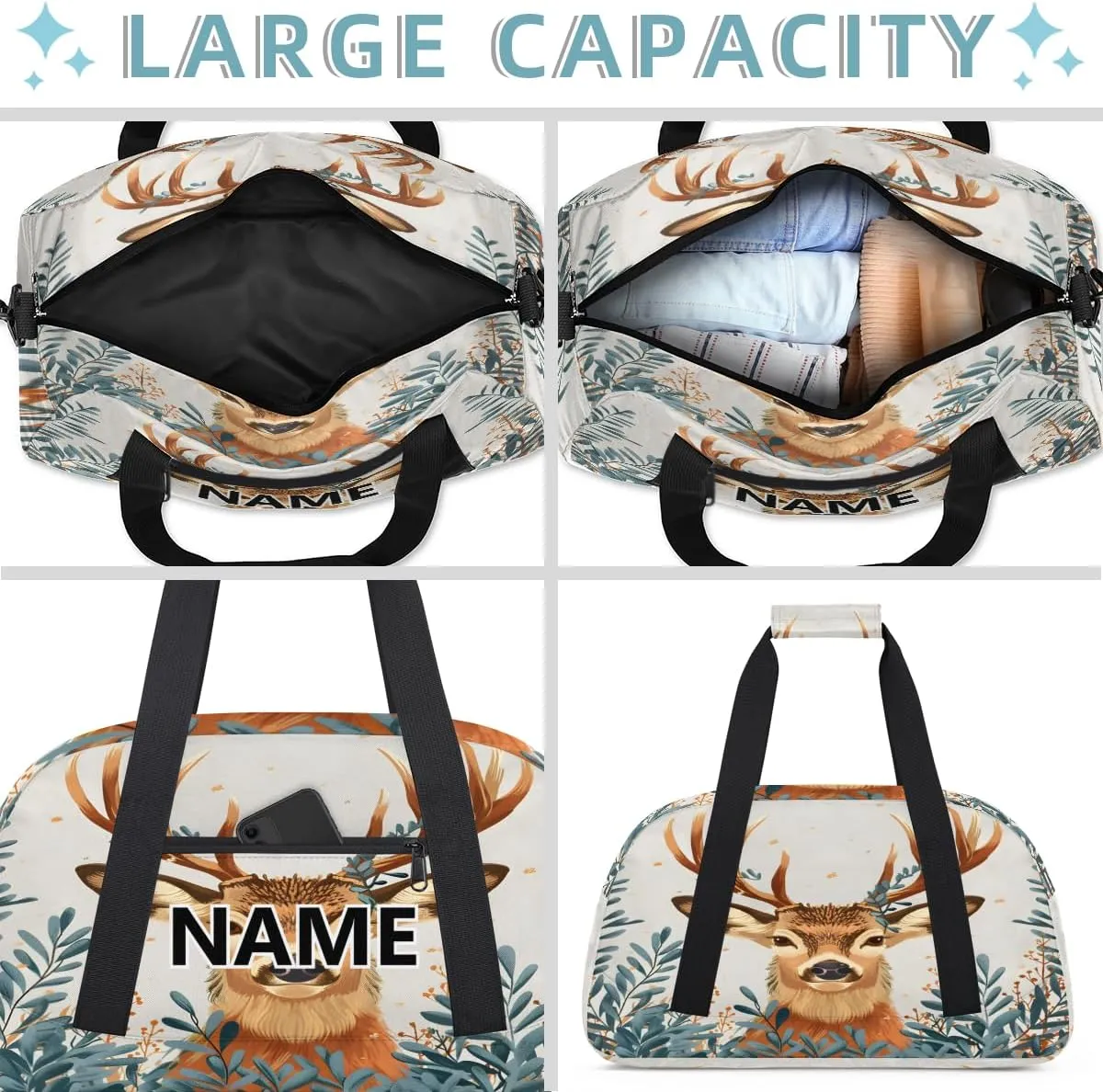 Deer Elk Custom Small Gym Bag 18 inch for Women Men Personalized Forest Animals Carry On Overnight Weekender Bag for Travel Work Dance Sport