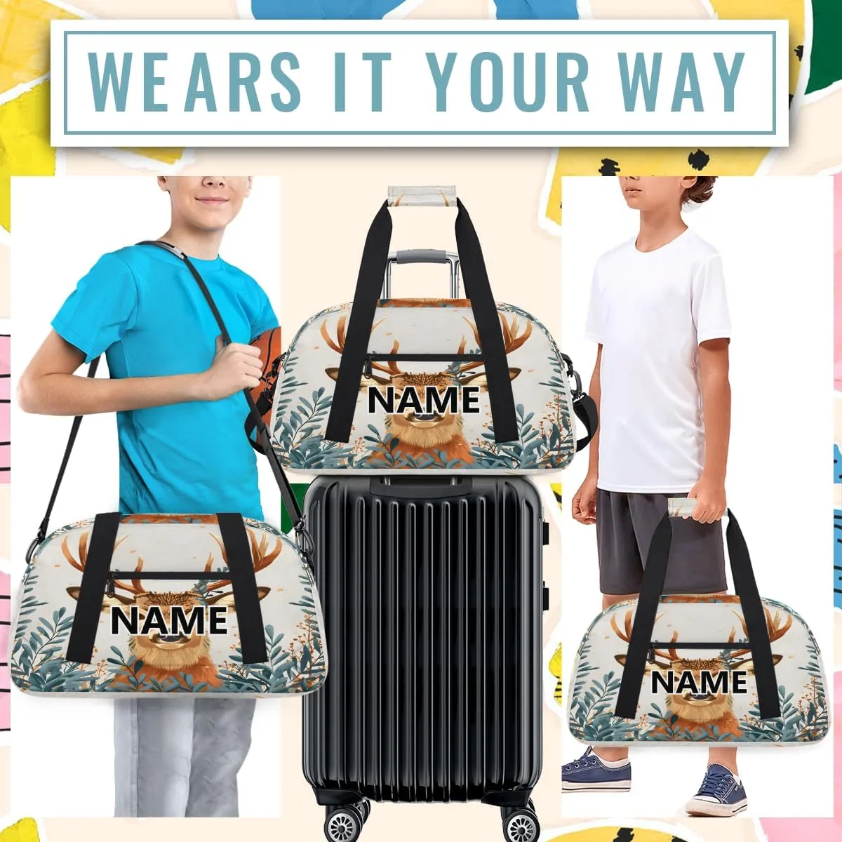 Deer Elk Custom Small Gym Bag 18 inch for Women Men Personalized Forest Animals Carry On Overnight Weekender Bag for Travel Work Dance Sport