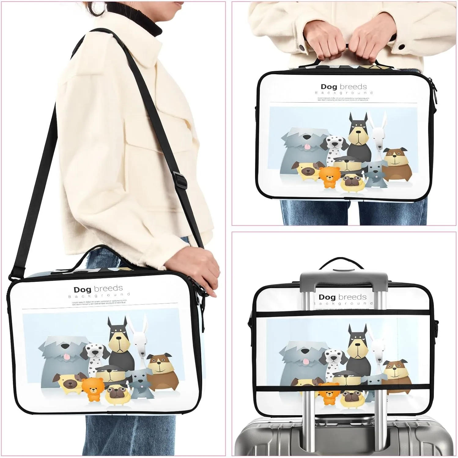 Different Cute Dog Breeds Women's Portable Makeup Bag with Handle, Cosmetic Bag, Adjustable Dividers, Travel Cosmetic Toiletry Storage Organizer for women