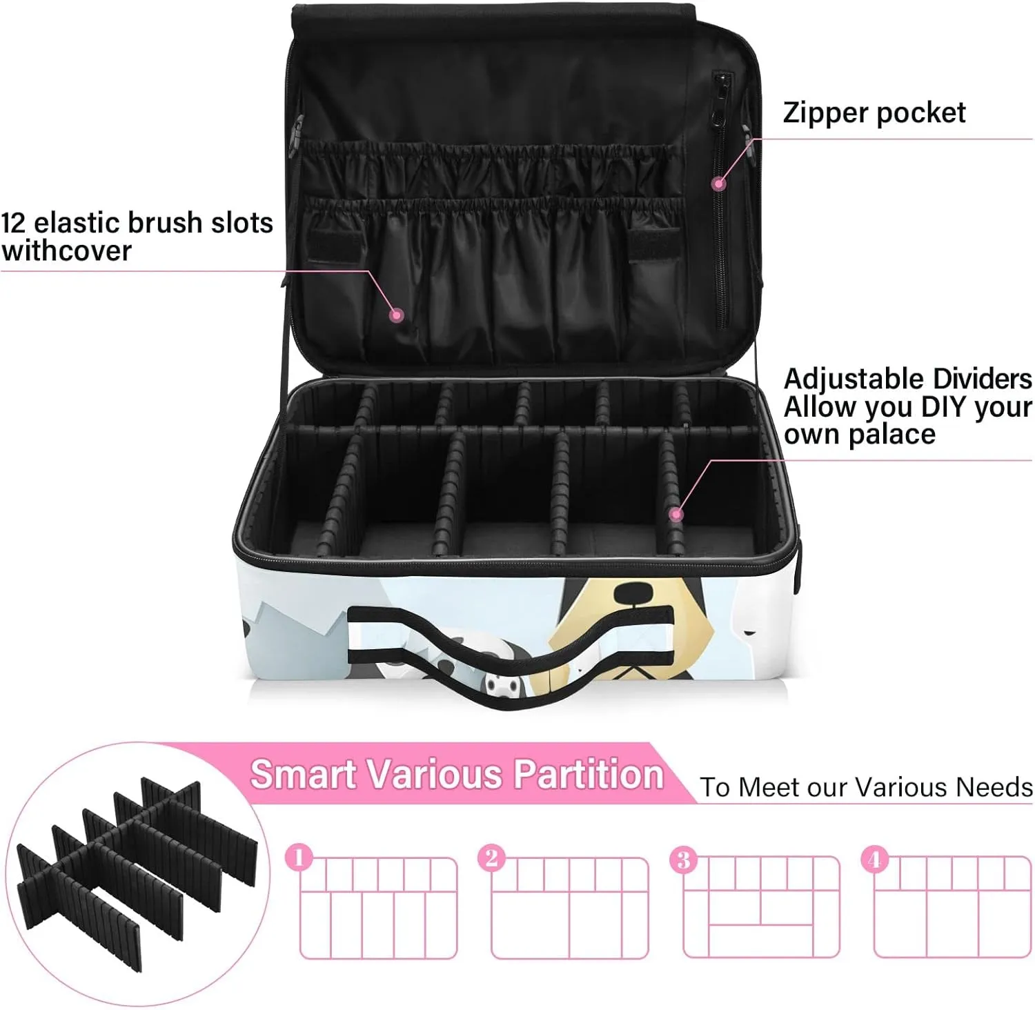 Different Cute Dog Breeds Women's Portable Makeup Bag with Handle, Cosmetic Bag, Adjustable Dividers, Travel Cosmetic Toiletry Storage Organizer for women