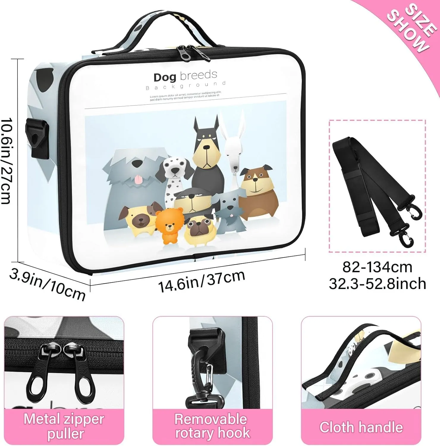 Different Cute Dog Breeds Women's Portable Makeup Bag with Handle, Cosmetic Bag, Adjustable Dividers, Travel Cosmetic Toiletry Storage Organizer for women
