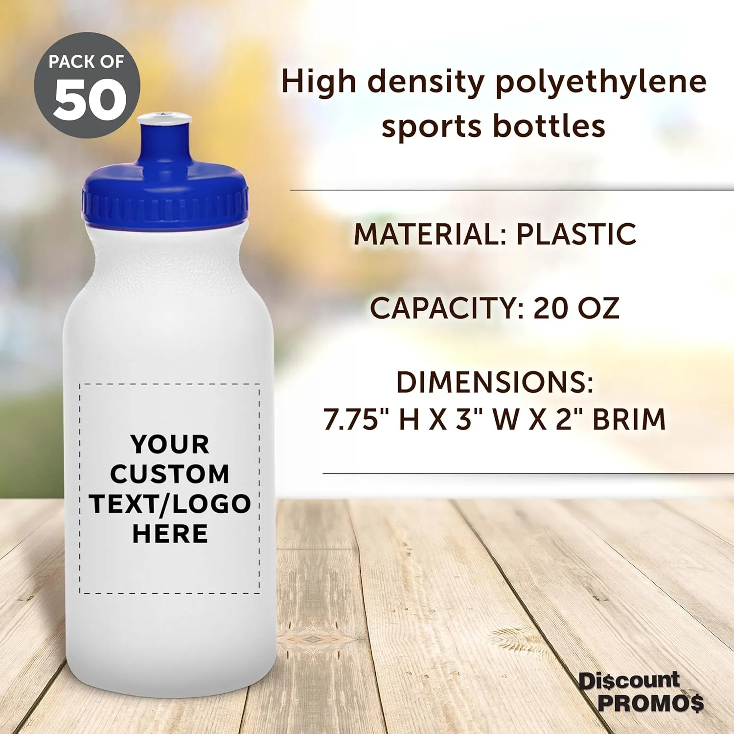DISCOUNT PROMOS Custom White Water Bottles with Push Cap -50 pack, Customizable Text, Logo, 20 oz, Reusable BPA FREE Squeezable Bottles in Bulk, White Blue