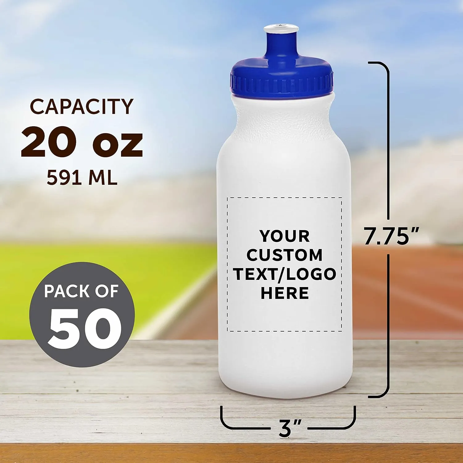DISCOUNT PROMOS Custom White Water Bottles with Push Cap -50 pack, Customizable Text, Logo, 20 oz, Reusable BPA FREE Squeezable Bottles in Bulk, White Blue