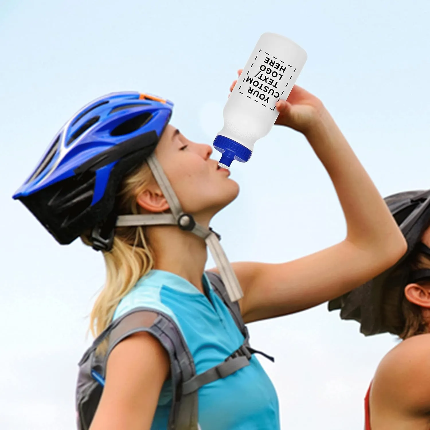 DISCOUNT PROMOS Custom White Water Bottles with Push Cap -50 pack, Customizable Text, Logo, 20 oz, Reusable BPA FREE Squeezable Bottles in Bulk, White Blue