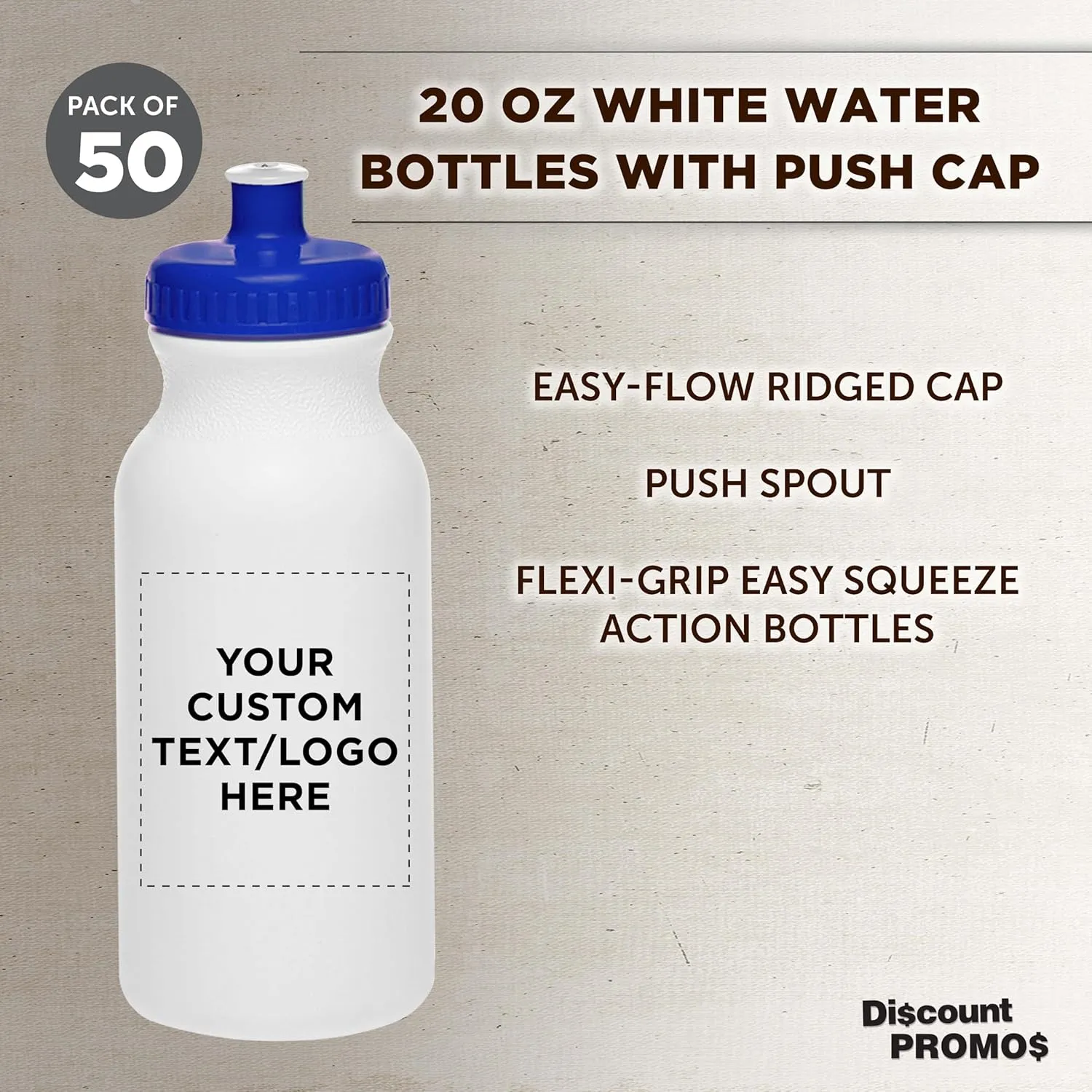DISCOUNT PROMOS Custom White Water Bottles with Push Cap -50 pack, Customizable Text, Logo, 20 oz, Reusable BPA FREE Squeezable Bottles in Bulk, White Blue