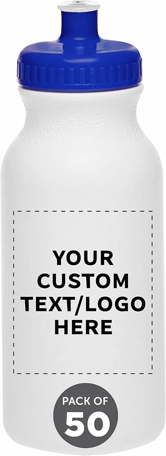 DISCOUNT PROMOS Custom White Water Bottles with Push Cap -50 pack, Customizable Text, Logo, 20 oz, Reusable BPA FREE Squeezable Bottles in Bulk, White Blue