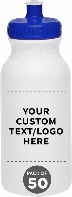 DISCOUNT PROMOS Custom White Water Bottles with Push Cap -50 pack, Customizable Text, Logo, 20 oz, Reusable BPA FREE Squeezable Bottles in Bulk, White Blue
