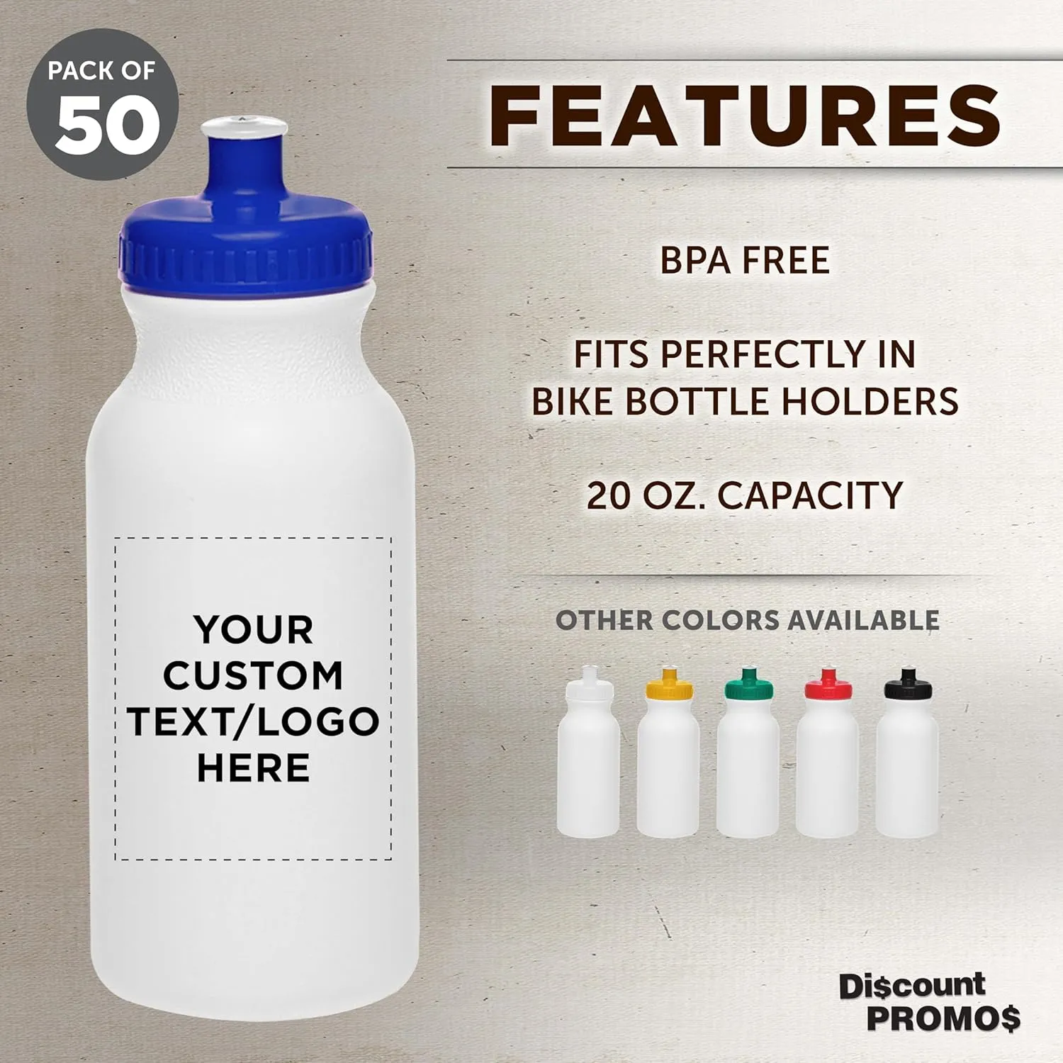DISCOUNT PROMOS Custom White Water Bottles with Push Cap -50 pack, Customizable Text, Logo, 20 oz, Reusable BPA FREE Squeezable Bottles in Bulk, White Blue