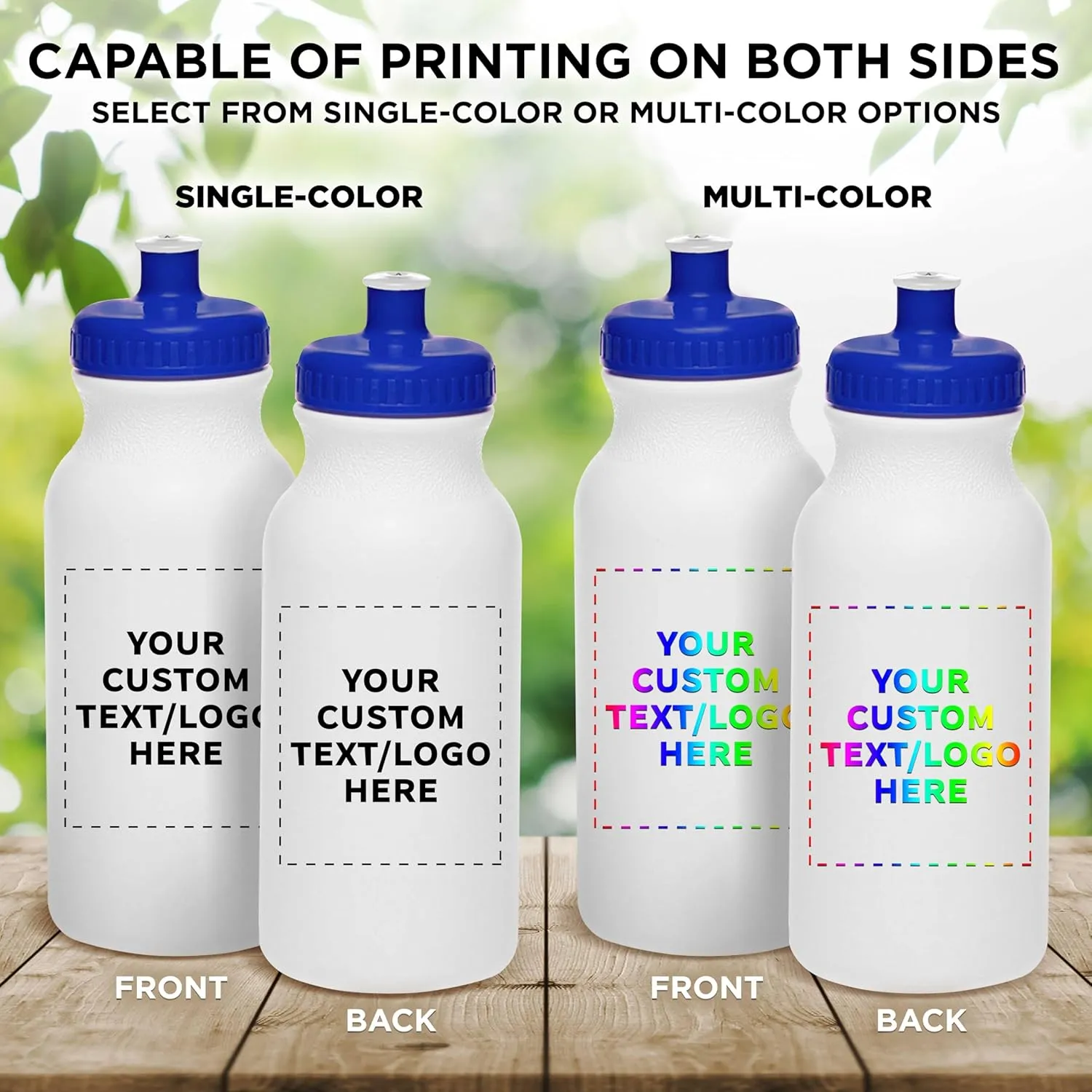 DISCOUNT PROMOS Custom White Water Bottles with Push Cap -50 pack, Customizable Text, Logo, 20 oz, Reusable BPA FREE Squeezable Bottles in Bulk, White Blue