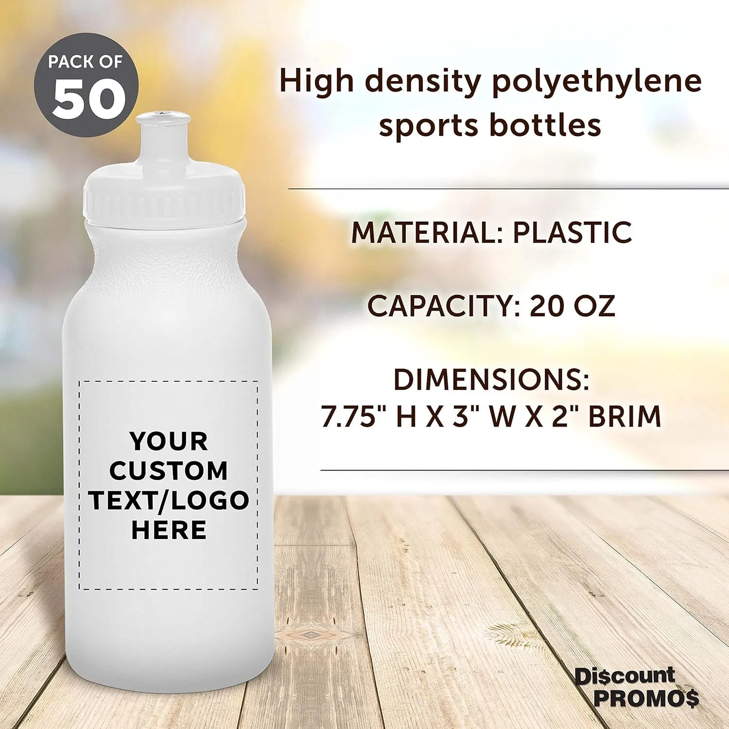 DISCOUNT PROMOS Custom White Water Bottles with Push Cap -50 pack, Customizable Text, Logo, 20 oz, Reusable BPA FREE Squeezable Bottles in Bulk - White