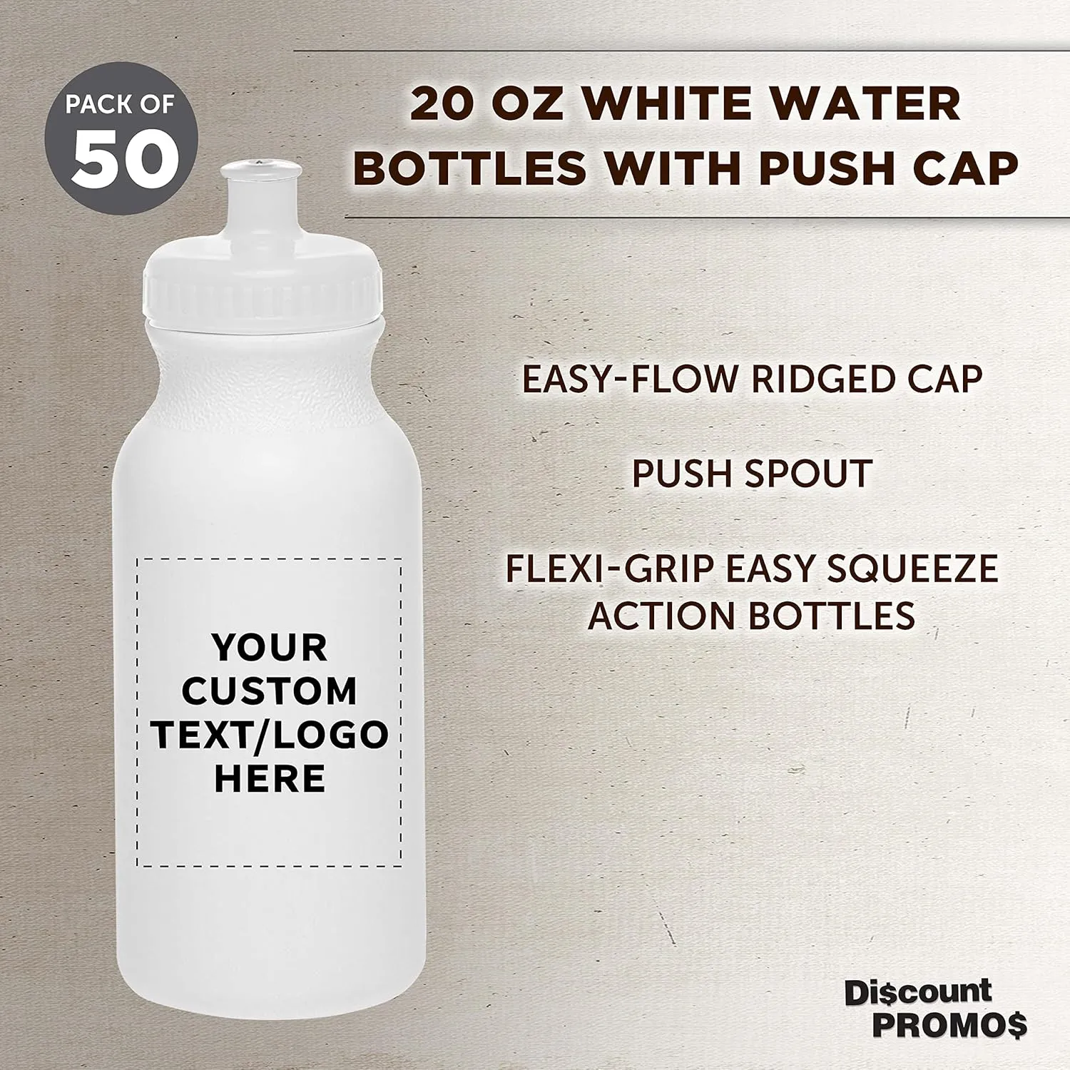 DISCOUNT PROMOS Custom White Water Bottles with Push Cap -50 pack, Customizable Text, Logo, 20 oz, Reusable BPA FREE Squeezable Bottles in Bulk - White
