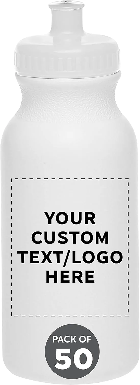 DISCOUNT PROMOS Custom White Water Bottles with Push Cap -50 pack, Customizable Text, Logo, 20 oz, Reusable BPA FREE Squeezable Bottles in Bulk - White