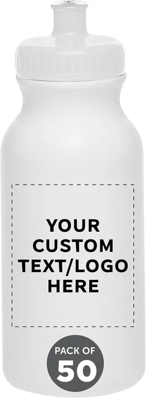DISCOUNT PROMOS Custom White Water Bottles with Push Cap -50 pack, Customizable Text, Logo, 20 oz, Reusable BPA FREE Squeezable Bottles in Bulk - White