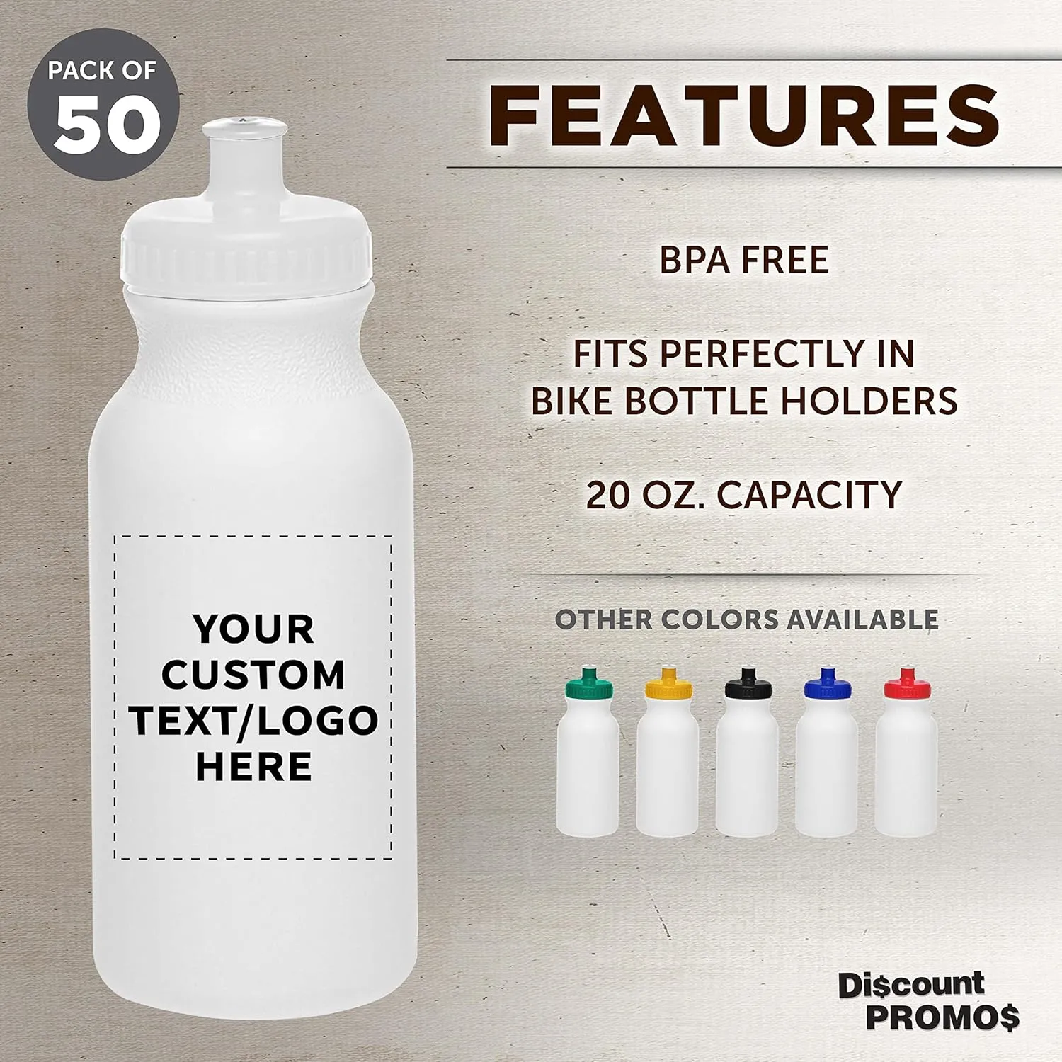 DISCOUNT PROMOS Custom White Water Bottles with Push Cap -50 pack, Customizable Text, Logo, 20 oz, Reusable BPA FREE Squeezable Bottles in Bulk - White