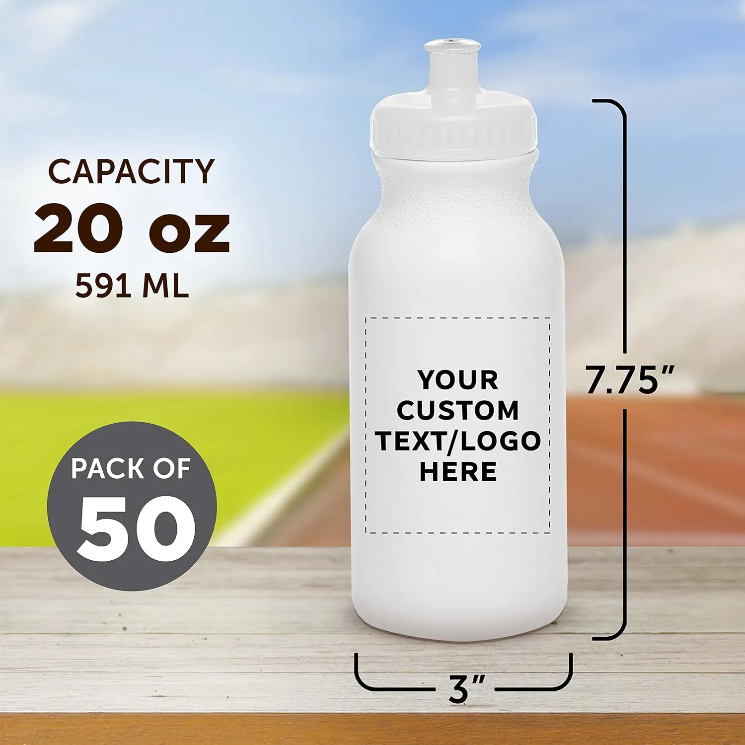 DISCOUNT PROMOS Custom White Water Bottles with Push Cap -50 pack, Customizable Text, Logo, 20 oz, Reusable BPA FREE Squeezable Bottles in Bulk - White