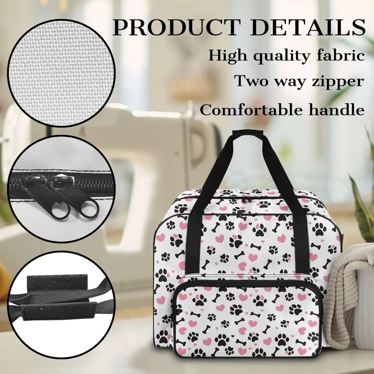 Dog Paw Print Sewing Machine Carrying Case,Lightweight Carry Tote Bag,Portable Padded Storage Dust Cover with Pockets for Sewing Machine