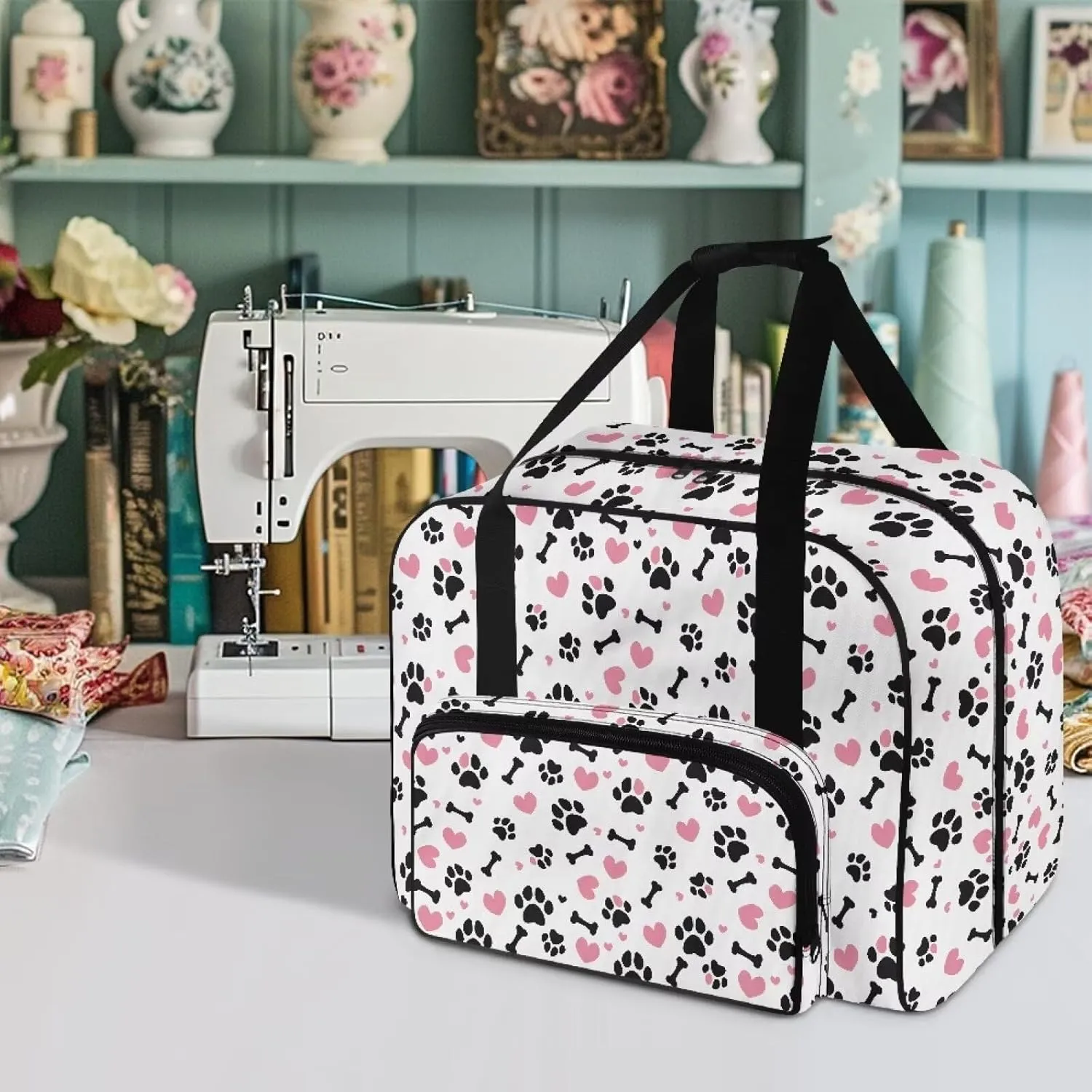 Dog Paw Print Sewing Machine Carrying Case,Lightweight Carry Tote Bag,Portable Padded Storage Dust Cover with Pockets for Sewing Machine