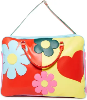 Dolls Kill Free Luv Nation Colorblock Giant Weekender Bag – Vegan Leather Travel Duffle with Heart & Peace Appliques - One Size