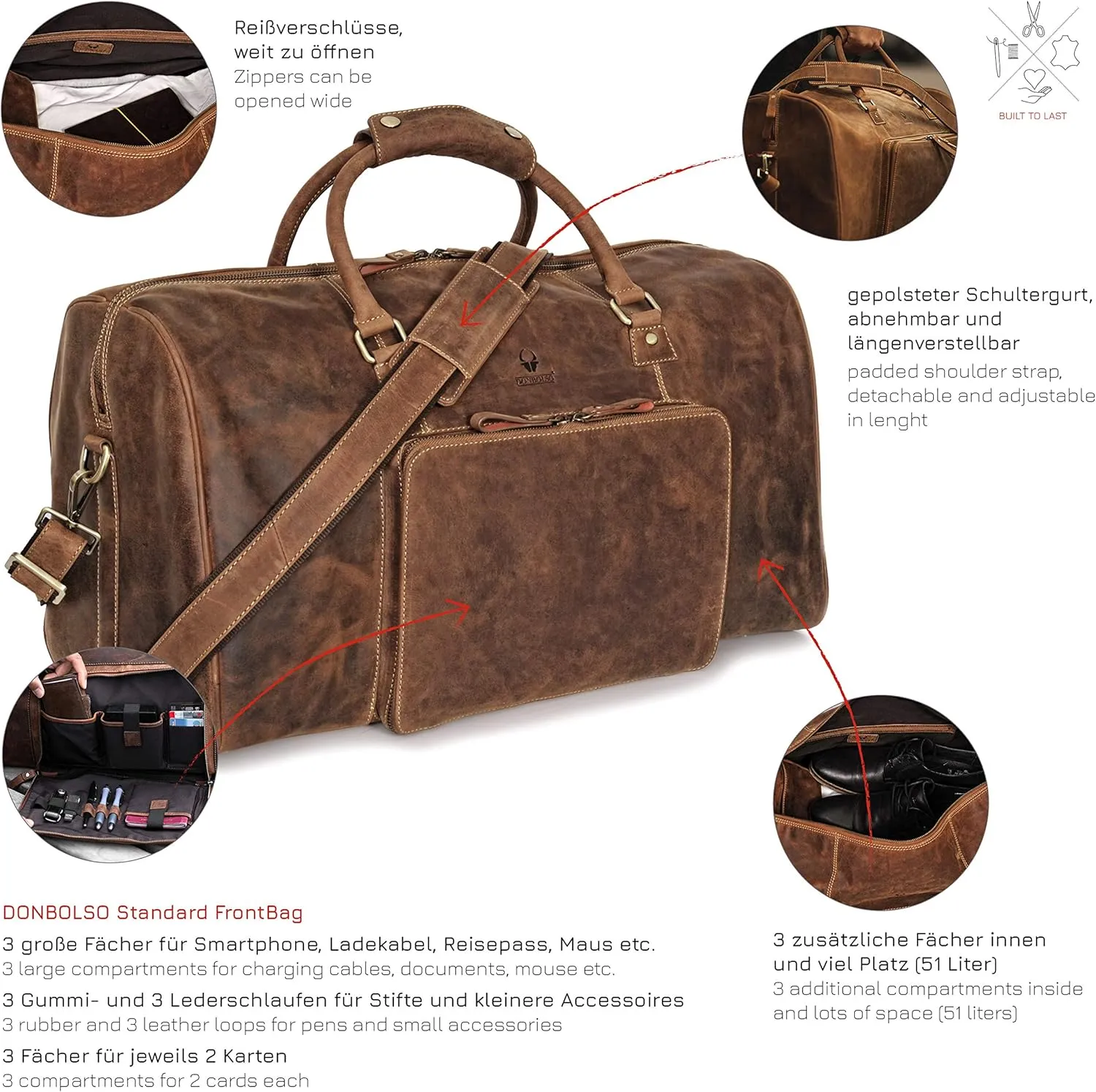 DONBOLSO Weekender Naples I Handcrafted Leather Men's Travel Bag I Genuine Leather Duffle Bag I Carry-on Luggage Overnight Gym I XXL with 51 Litres I Classic Donbolso Vintage Brown