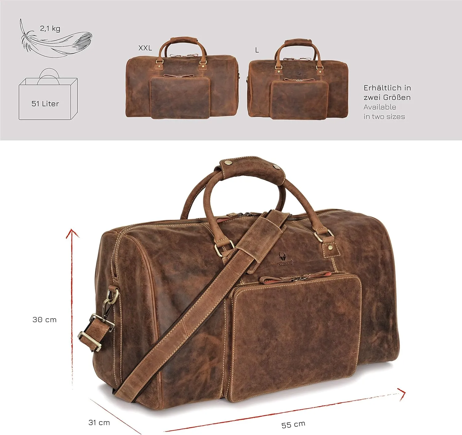 DONBOLSO Weekender Naples I Handcrafted Leather Men's Travel Bag I Genuine Leather Duffle Bag I Carry-on Luggage Overnight Gym I XXL with 51 Litres I Classic Donbolso Vintage Brown
