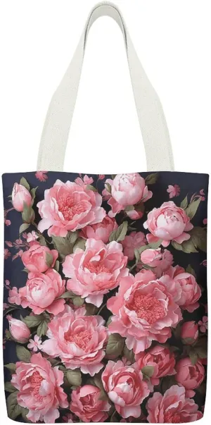 Double-sided Peony Flowers Printed Canvas Tote Bag, Printed Simple Tote Bag, Shoulder Tote Bag, Canvas Bag with Inner Pocket
