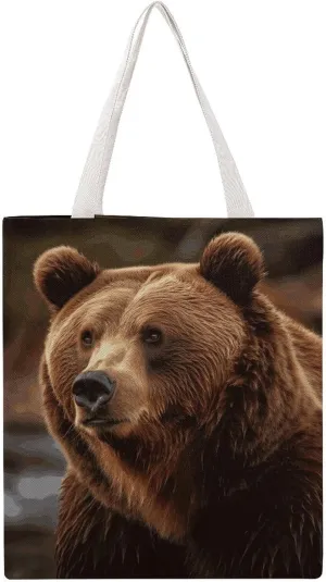 Double-Sided Printed Canvas Tote Bag Grizzly Bear Printed - Large Reusable Grocery Bag with Unique Heat Transfer Designs, 16x15 Inch for Shopping/Beach/Travel Women Men