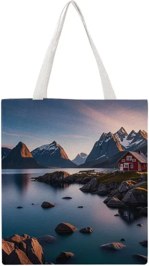 Double-Sided Printed Canvas Tote Bag Norway Islands Printed - Large Reusable Grocery Bag with Unique Heat Transfer Designs, 16x15 Inch for Shopping/Beach/Travel Women Men