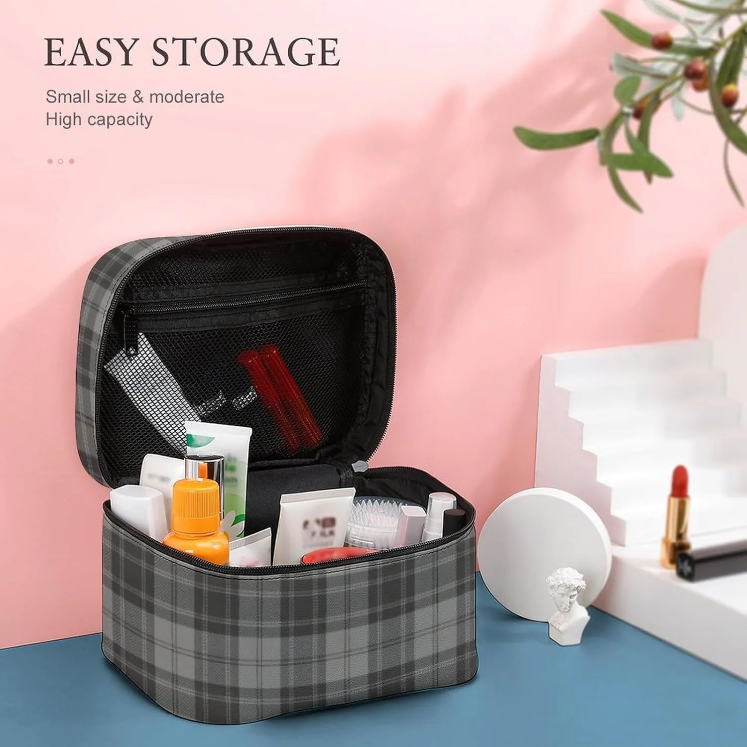 Douglas Grey Tartain Plaid Black Gray Large Capacity Soft And High-value Practical Makeup And Wash Bag