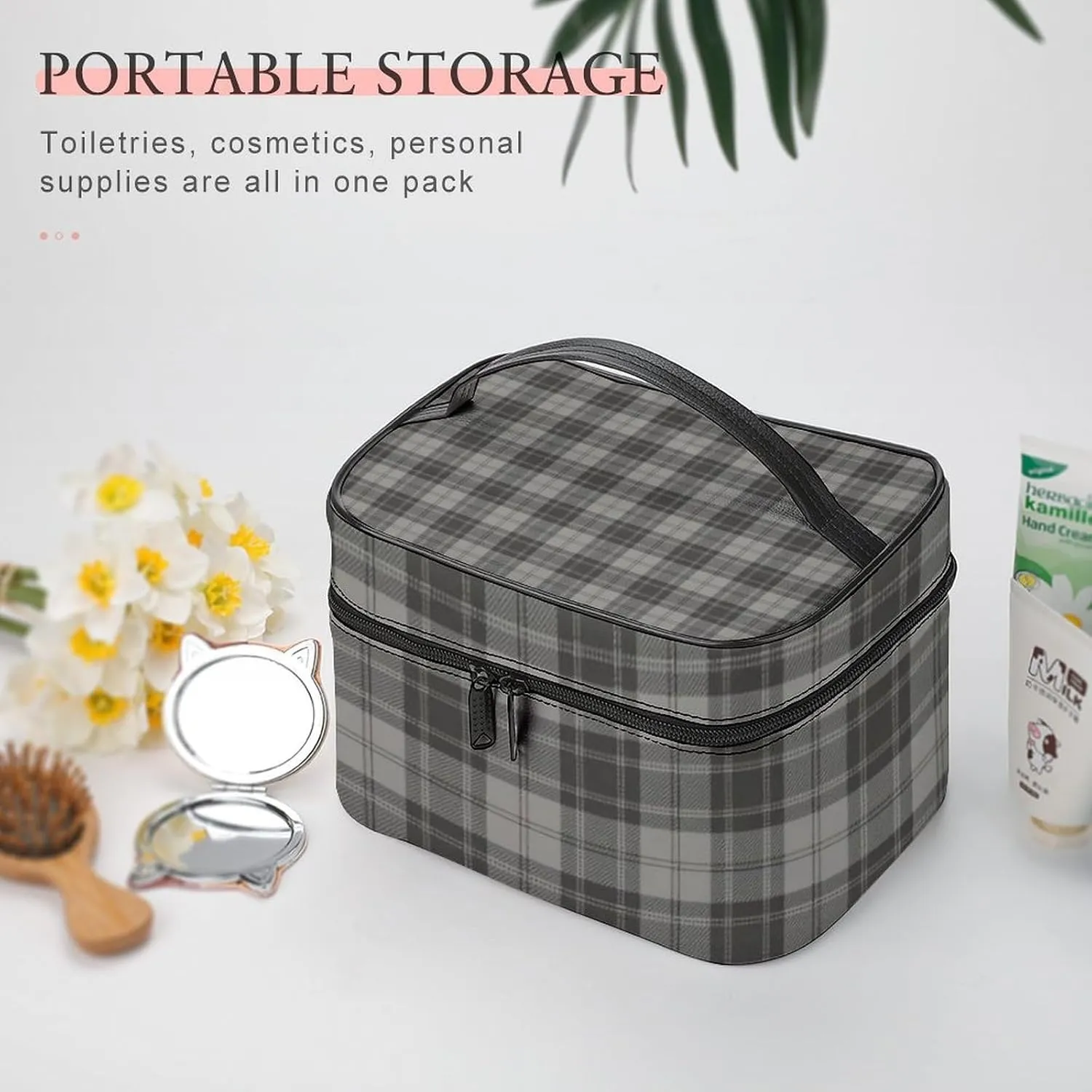 Douglas Grey Tartain Plaid Black Gray Large Capacity Soft And High-value Practical Makeup And Wash Bag